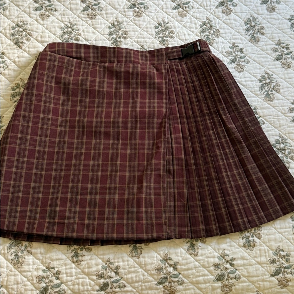 Plaid Pleated Skirt - Red and Tan